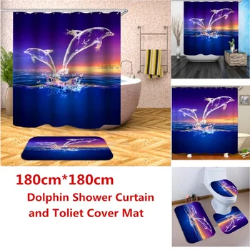 

4Pcs Glowing Dolphin Waterproof Shower Curtain Non-Slip Floor Mat Rug Lid Toilet Cover Set Home Decor Bath Curtain with 12 Hooks