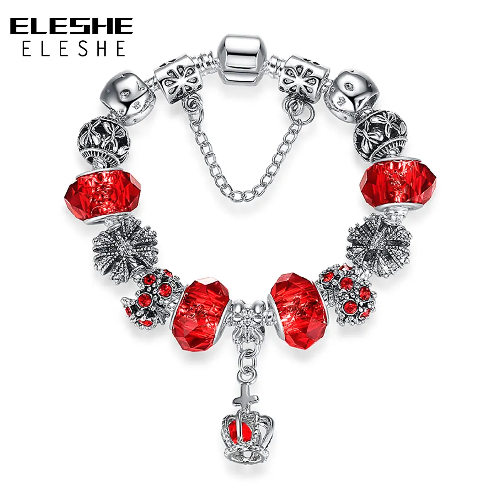 ELESHE Fashion DIY Crystal & Murano Glass Beads Crown Charm Bracelets For Women Snake Chain Bracelets & Bangles Pulseras Gift