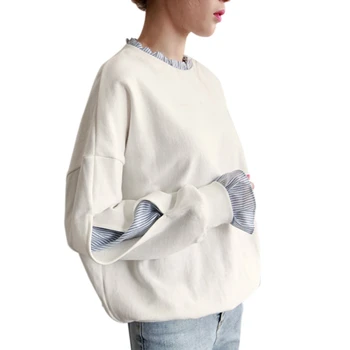 

Women Loose Pullover Solid Gray Plus Size Spring Autumn College Style Splicing Sleeve Thin Long-sleeved Top