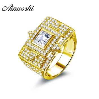 

AINUOSHI Geometric Pattern Drills Wedding Band Real 14K Solid Yellow Gold Bezel Setting Square Cut Sona Diamond Engagement Ring