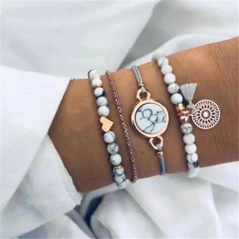 

4Pcs/Set Turtle Heart Pearl Wave LOVE Crystal Marble Charm Bracelets for Women Boho Beads Tassel Bracelet Jewelry Wholesale New