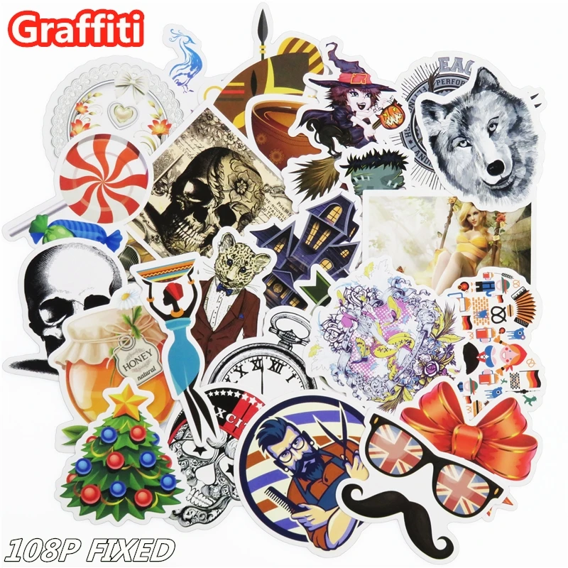 

108 Pcs Fixed Unique Graffiti Creative Stickers Cool Retro Styling For Skateboard Laptop Luggage DIY Decal Funny Doodle Sticker