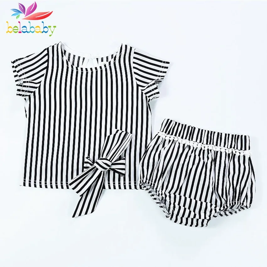 

Belababy 2017 Casual Girls Clothing Set Summer Baby Kids Clothes Striped Short Sleeve Pullover Striped Top + Pants Suit with Bow