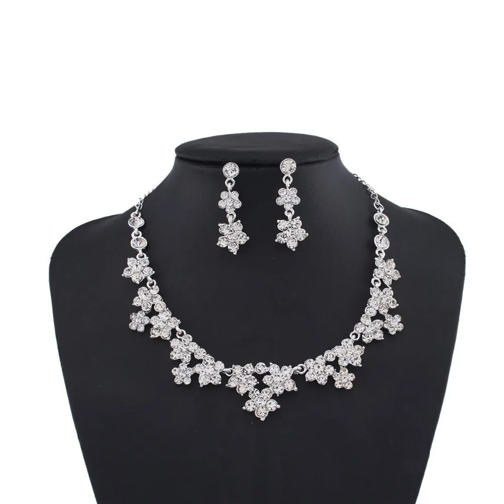 SHOSIXUAN Wedding Pearl Crown Tiara Flower Rhinestone Crystal Neckalce and Earrings Jewelry Sets for Bridal (4)