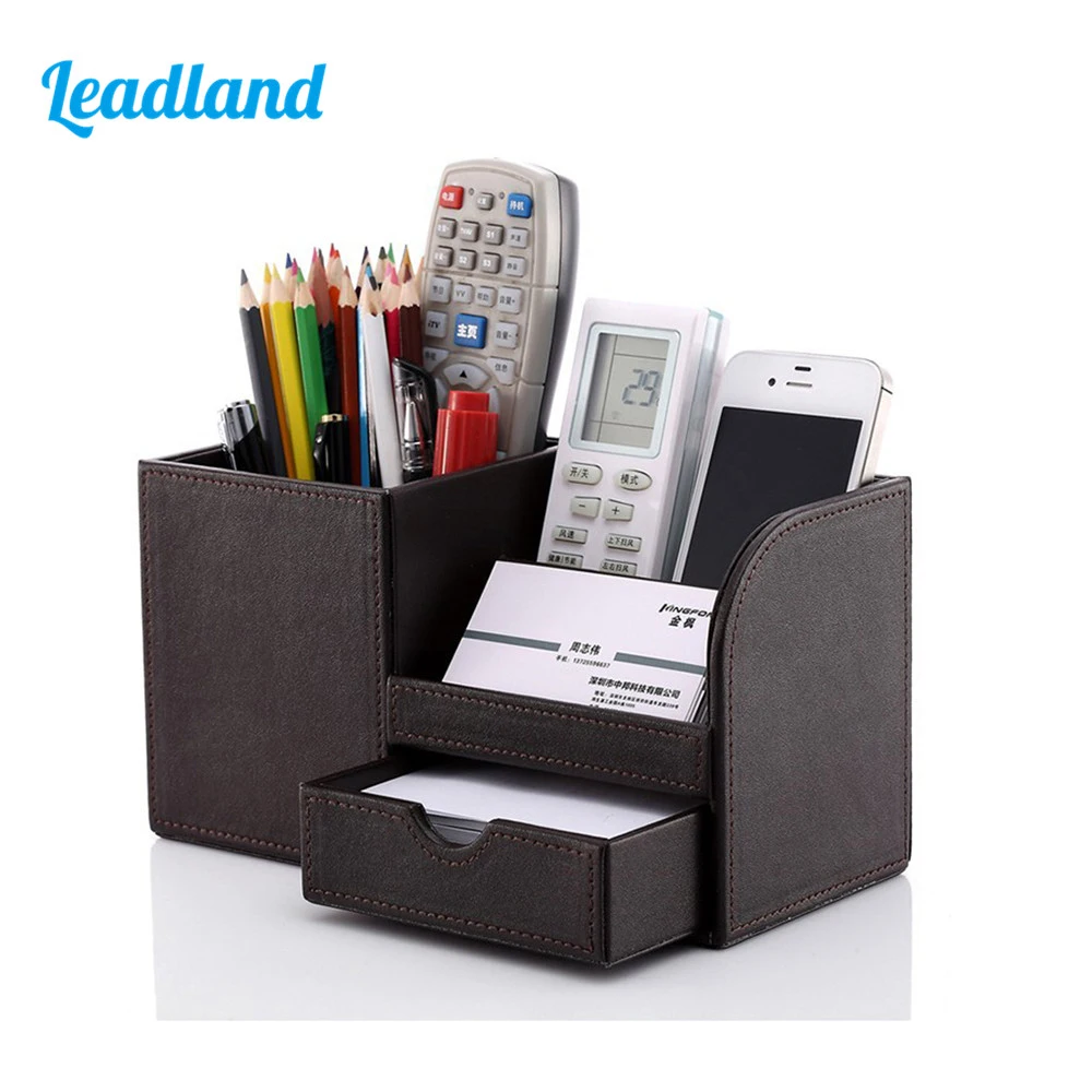

Kingfom Multi-Functional Desktop Organizer Stationery Storage Pen Holder Cosmetic Organizer With Wooden Structure PU leather