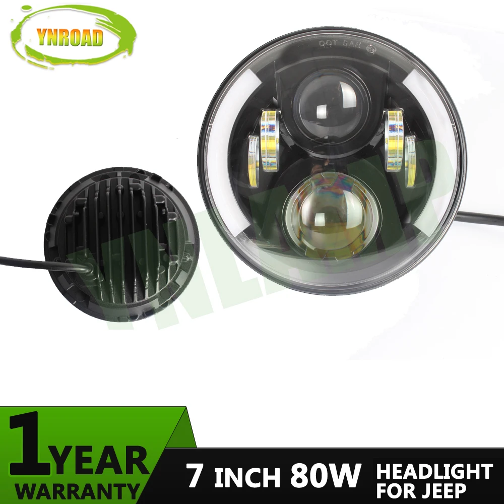 YNROAD Pair 7 дюймов круглый 80 Вт Hi/ Low Beam с половиной angel eye светодиодный JK фара