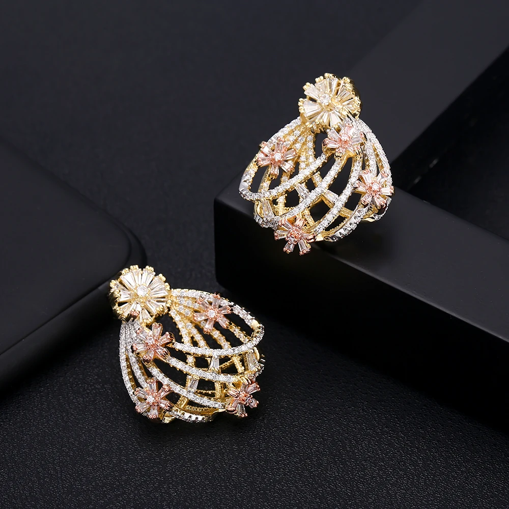 Роскошные триколорные серьги-гвоздики с цветком для женщин, свадебные прозрачные Кристальные кубические циркониевые CZ Дубаи, свадебные серьги в богемном стиле, Лидер продаж