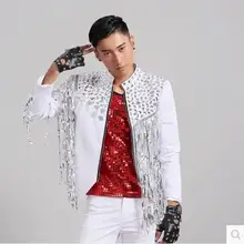 Новая мужская одежда для ночного клуба певица тонкая Мода DS DJ блестки кисточкой пальто Мужские Сценические костюмы