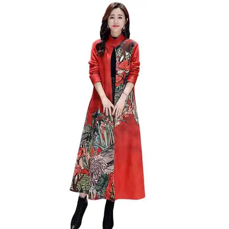 

2019 New Autumn Coat Print Women Trench coat Vintage National Wind Trench Long Coats Casual Plus size Windbreaker Outerwear