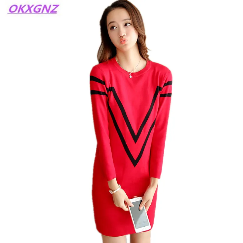 

OKXGNZ Spring Knit Dress 2017 New Fashion Han Edition Costume Loose Stripes Sweater Knit Dress Long Sleeves Casual Vestido AH149