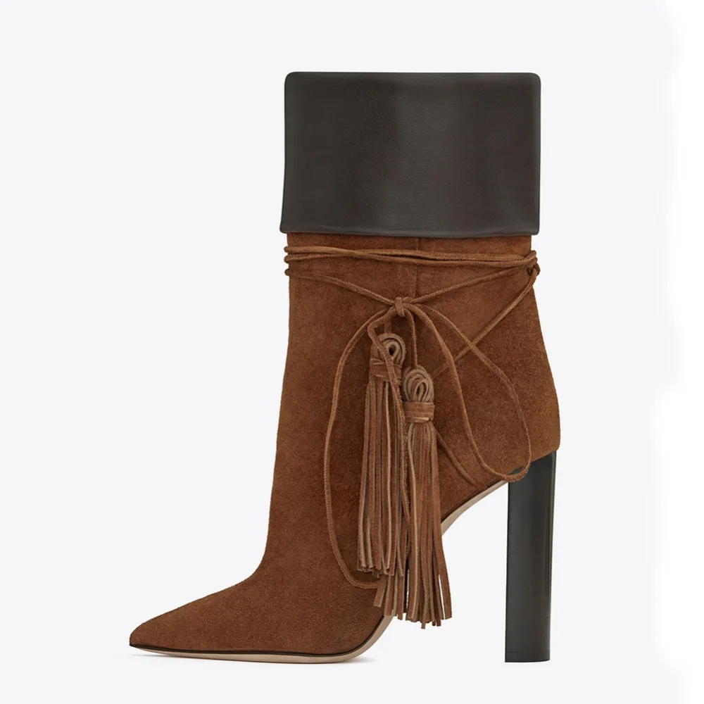Kopen Nieuwste vrouwen laarzen zwart bruin suede leer lace up enkellaarsjes voor vrouwen hoge hakken schoenen vrouwen cross gebonden schoenen gemengde kleuren