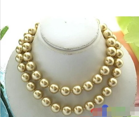 

P1008 32" 14MM GOLD ROUND SOUTH SEA SHELL PEARL NECKLACE ^^^@^Noble style Natural Fine jewe FREE SHIPPING