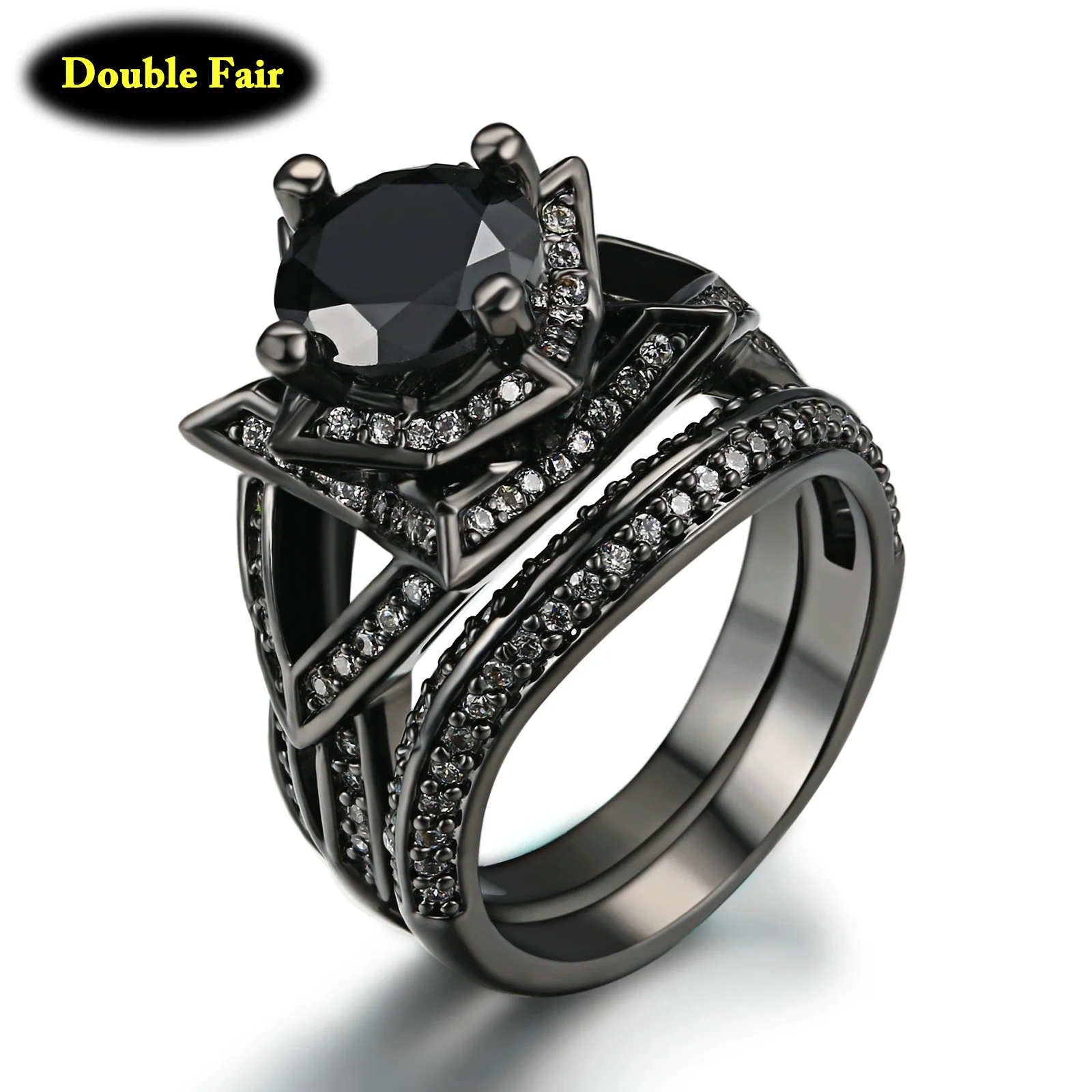 Punk Style Black Gold Color Cubic Zirconia Ring Sets For Women & Men
