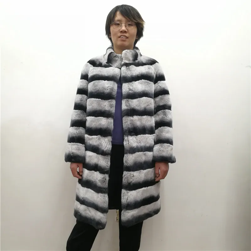 

2019 Women's Real Rex Rabbit Fur Coat Stand Collar Natural Fur Winter Jacket Long Style Chinchilla Genuine Fur Coats