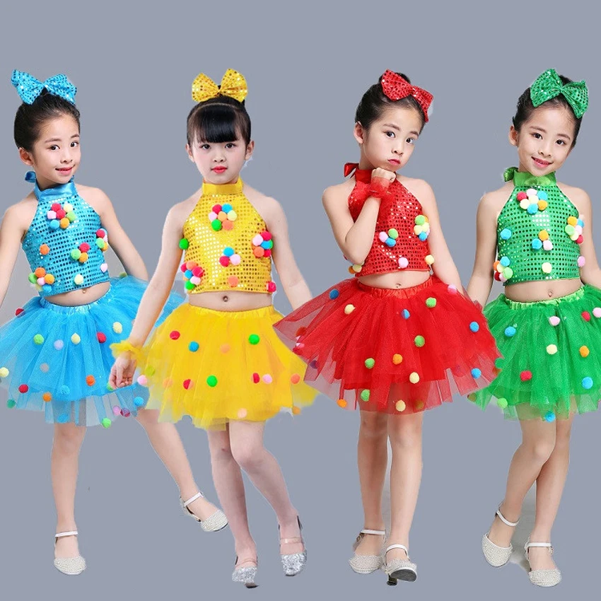

Primary Student School Uniform Kids Girls Tops+tutu Skirt Clothing Set Jazz Dance Choir Costumes Sequin Ballroom Performance