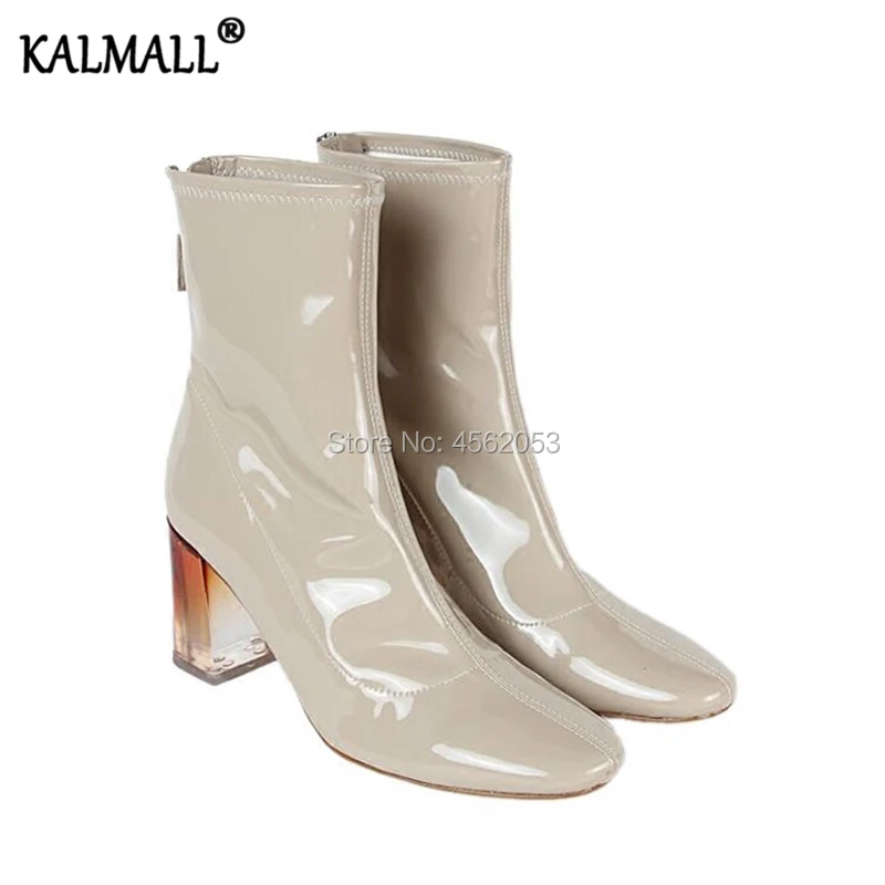 

KALMALL Plain Patent Leather Female Shoes Spring Summer Botines Mujer Square Toe Gradient Color Crystal Block Heel Ankle Boots
