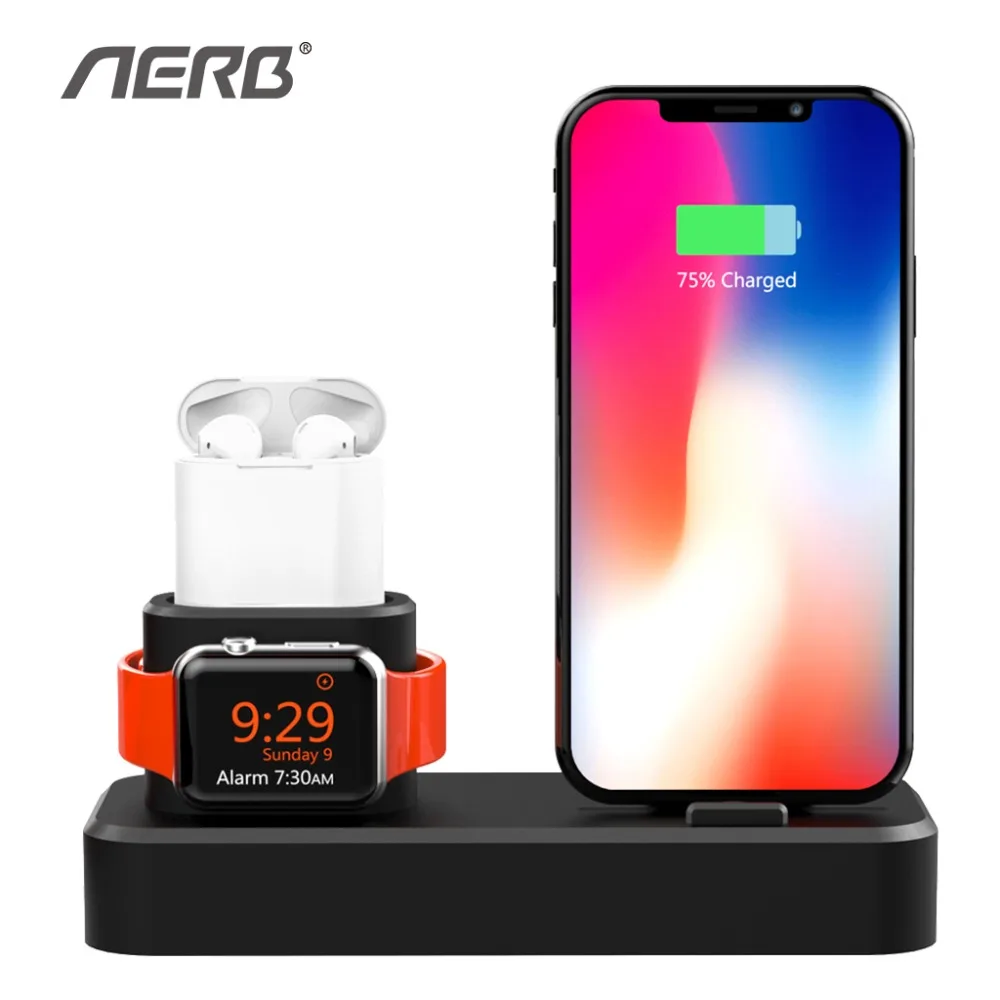 Aerb Luxury 3in1 Desk Phone Holder for iPhone 6 6s 7 8 Plus Flexible Silicone Charging Dock for Apple iWtach Airpods iPhone X