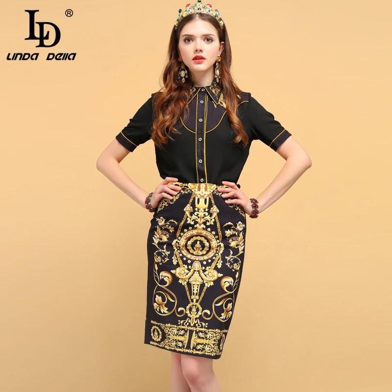 

LD LINDA DELLA Summer Fashion Designer Vintage Suits Women's Crystal Beading Shirt+Geometric Printed Elegant Skirt 2 Pieces Set