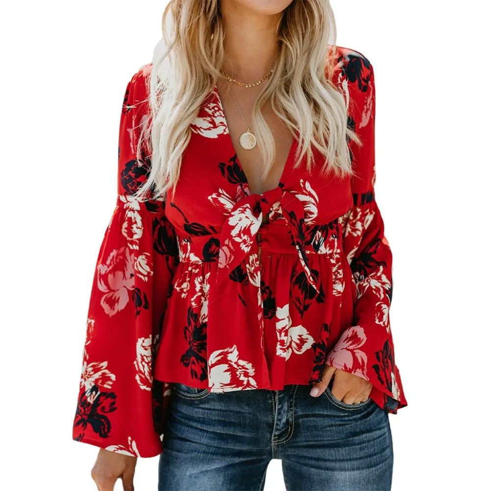 Womens Deep V Neck Long Bell Sleeve Floral Printed Bow Tie Front Shirt