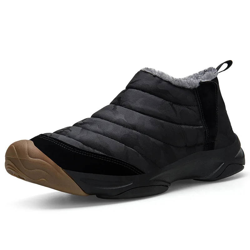 Зимние ботинки Мужская модная теплая зимняя мужская обувь без шнуровки камуфляжные непромокаемые удобные мужские ботильоны - Цвет: Черный