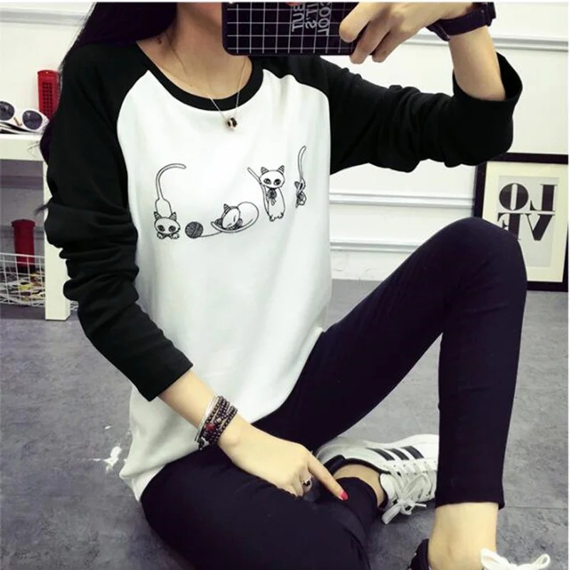 

Dreamlikelin Women Cute T Shirt Kawaii Cat T-Shirt Fashion O-Neck Long Sleeves Patchwork Spring Casual Tees Gifts For Girls