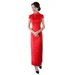 Красное женское длинное винтажное китайское платье ченсам Стиль Мандарин воротник платье женское летнее платье Ципао тонкие Вечерние