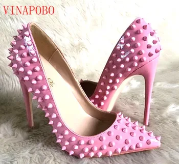 

Vinapobo Pink Rivets Patent Leather Pointed Toe High Heel Women Pumps Shoes Woman Fashion Slip On Stiletto Heel wedding shoes
