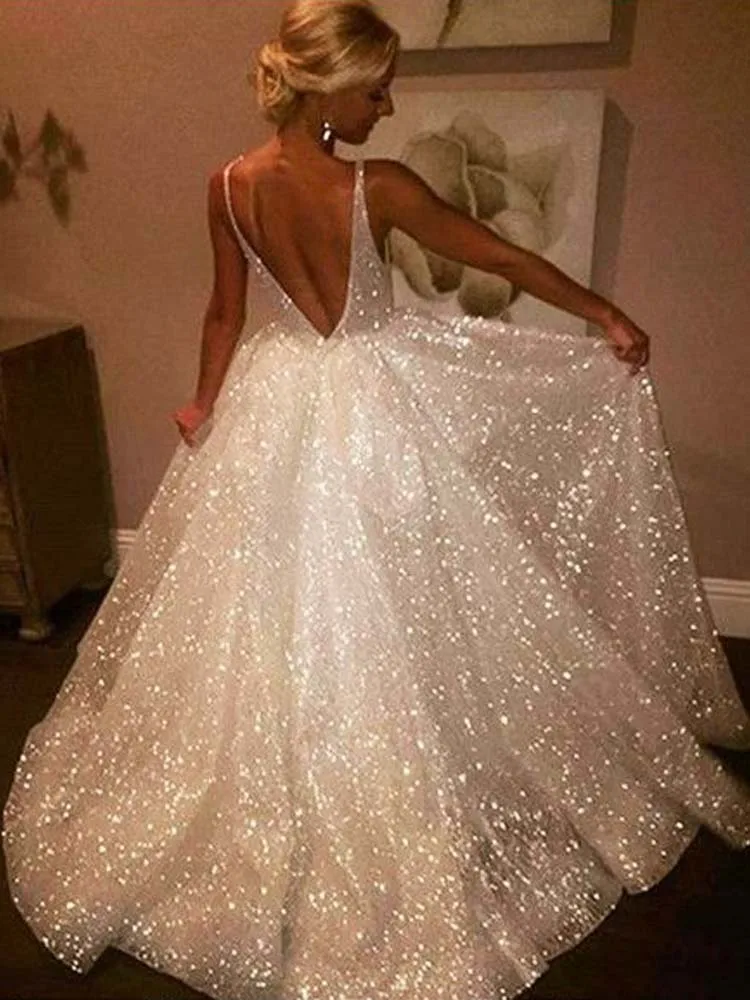 

Charming Sparkly A Line V Neck Backless Sequins White Long Wedding Dresses Wedding Gowns