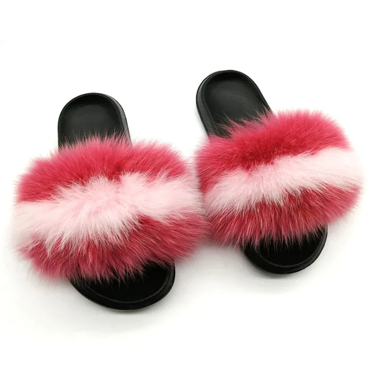 Women Fox Fur Slippers Real Fox Fur Slides Lovely Plush Slippers Woman Summer Home Sandals Women Fur Slides Furry Flip Flops Hot