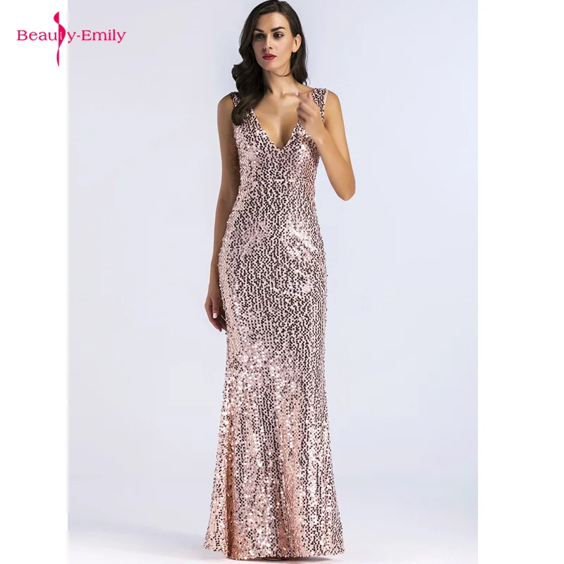 

Beauty Emily 2019 Long V Neck Mermaid Dress Evening Dresses Sleeveless Sequins Ruched V BackLess Party Dresses Vestido de noche