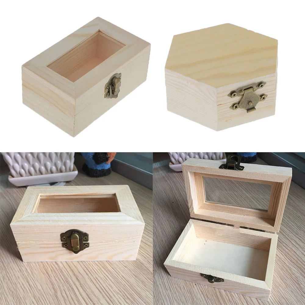 

Vintage Unpainted Plain Hexagonal Rectangular Wooden Cabinet Jewelry Gift Box Trinket Chest Storage Case