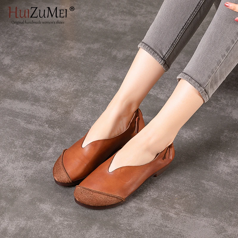 

HUIZUMEI Women's Single Shoes Spring 2019 Retro Leather Casual Hand-made Genuine Leather Low Heels Shallow Mouth Women's Shoes