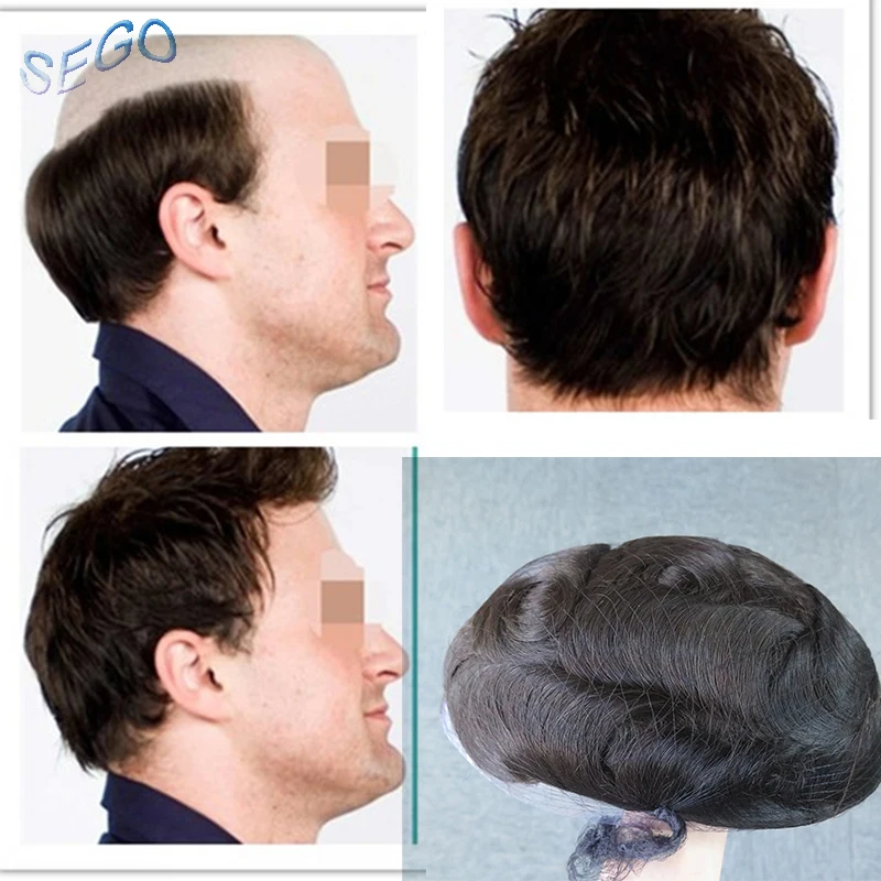 SEGO 6"x8" Men Toupee Poly V Loop PU Natural Hair Non-Remy Hair System Hairpieces Real Human Hair Replacements Wig Indian Hair