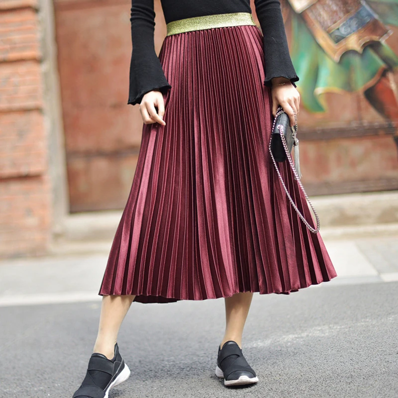 Осенняя мода плиссированные юбки женские эластичная юбка с высокой талией черные белые длинные юбки для дам винтажная юбка миди Saia Faldas