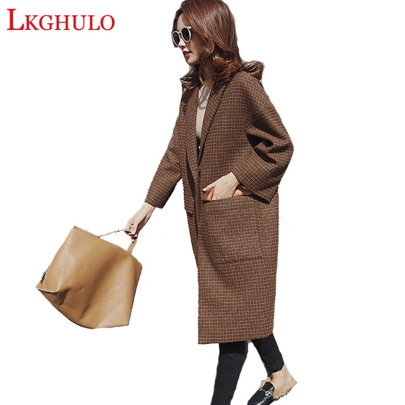 

2018 Women Autumn Winter Coats Jackets wool blends vintage Plaid Oversized High Quality Winter Long Coat Manteau Femme coat W383