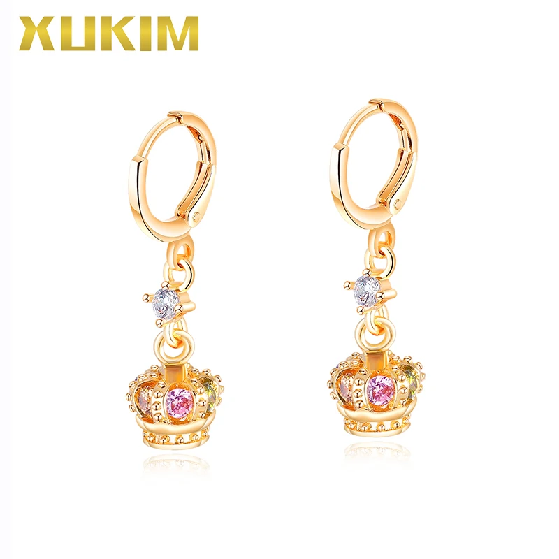 

WE306 Xukim Jewelry Crown Pendant Earrings Gold Color Colorful Stone Earrings Drop Earrings