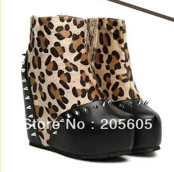 European and American fashion leopard spike stitching color zipper boots wedge heel shoes | Обувь