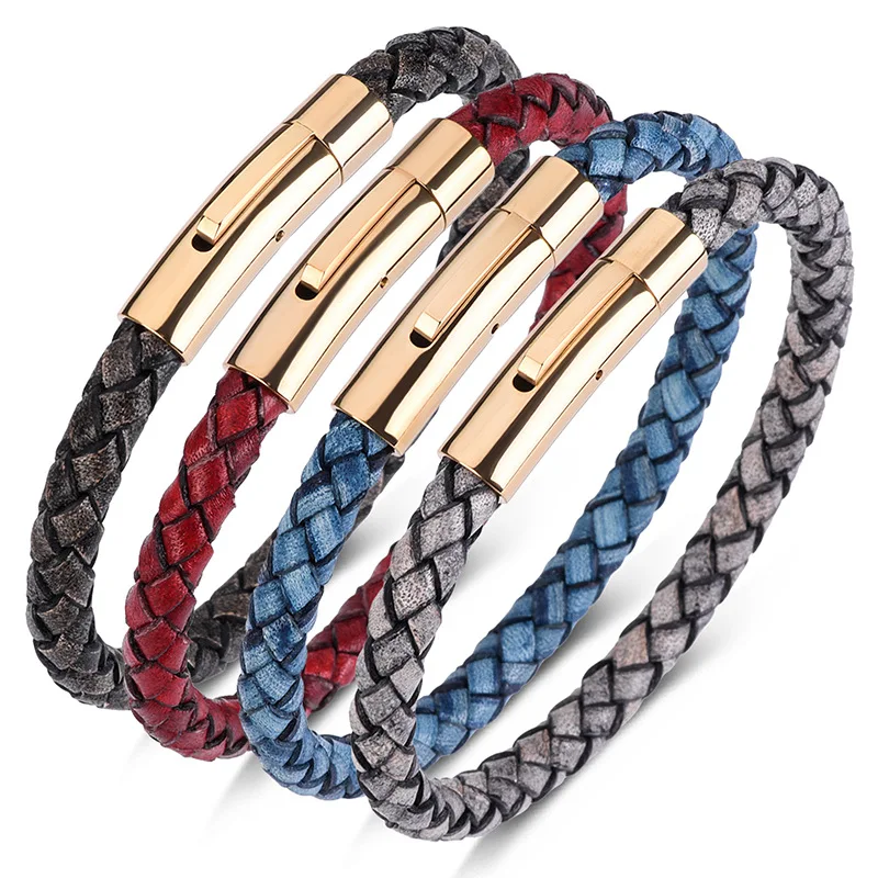 

2019 New Men'S Vintage Genuine Leather Bracelet With Stainless Steel Button Accessories Simple Neutral Hand Woven Jewelry Gifts