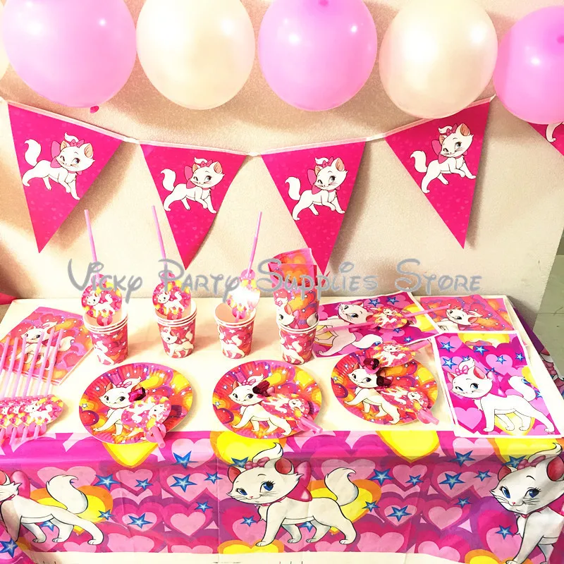

77pcs/lot Marie Cat Disposable Tableware Set Cartoon Pink Cat The Aristocats Party Birthday Baby Shower Decoration Supplies