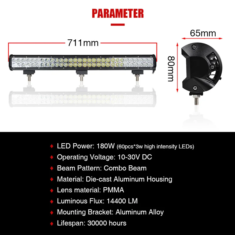 28 дюймов 180 Вт внедорожный светодиодный рабочий светильник бар с 3030 светодиодный чип лампа работы комбо 12В для ближнего и дальнего света 24V IP67 для Jeep ATV УАЗ седельный тягач лодка