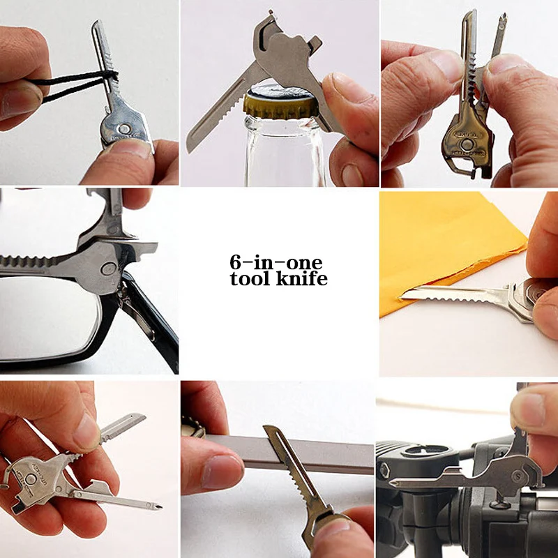 

6 in1 Stainless Steel EDC Multi tool Keychain Utiliity Camping Swiss Pocket Survival Knife Utili-Key Multi Function Keys Knife