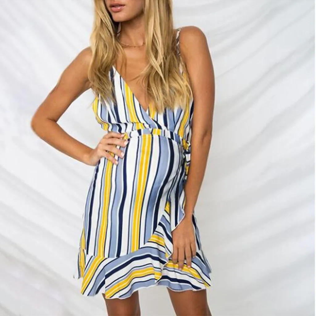 

MUQGEW Women Maternity Sleeveless Stripe Dress Print v-neck Dress dress for pregnant women summer ropa premama embarazadas