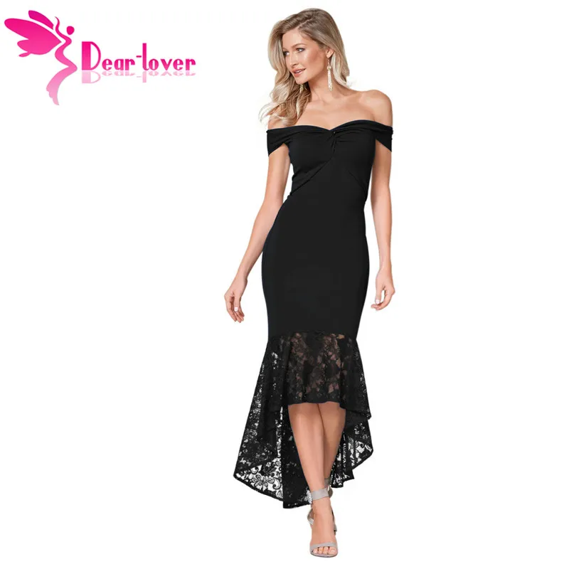 

Dear-Lover Sexy Women Party Bodycon Lace Dresses Black Off Shoulder Twist Front Mermaid Ankle Length Dress Formal Gowns LC611066