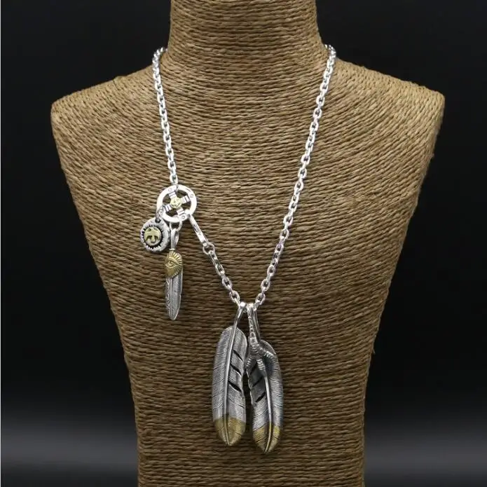 

Handmade Indian Tribe Solid Silver 925 Mens Chain Necklace Top Fashion Feather Eagle Tag Necklace Thai Silver Mens Jewelry Gift