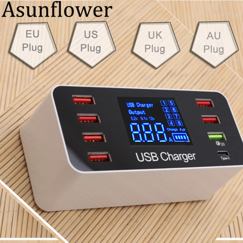 

Asunflower Multiple 8 Port USB 3.0 Hub Quick Charger LED Display USB Desktop Multi Port Splitter Fast Charging Dock Station EU