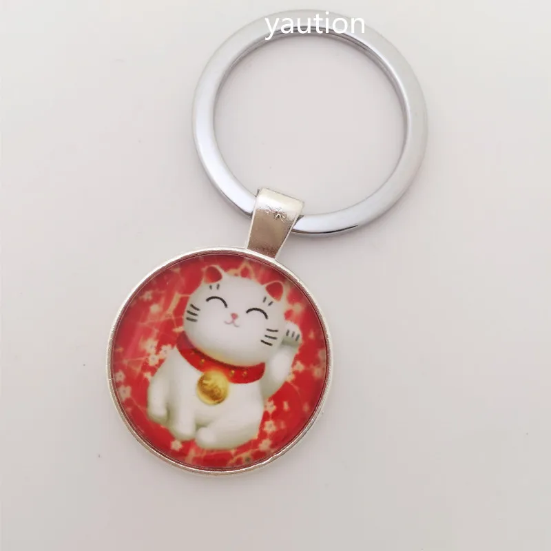 

1pcs Red Maneki Neko Lucky Cat Glass Cabochon Tibet silver pendant Metal Key Ring