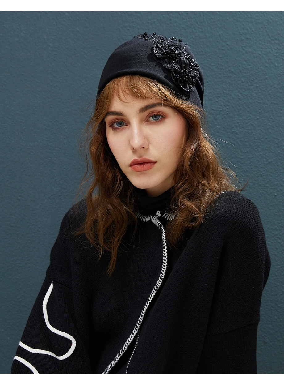 2018 Autumn Female Beanie Bonnet With Rhinestone Hats Three Flowers Caps Knitted Cotton For Women Warm Beanies Slouchy Skullies (7)