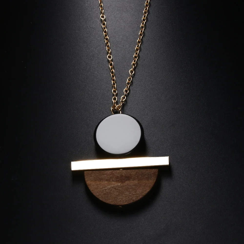 Geometric Circular Resin Wood Vintage Pendant Gold Alloy Chain Long Necklace Unisex Fashion Jewelry Pendant Necklace Free Ship - Image 3