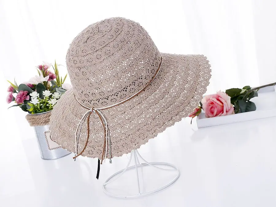 Ymsaid, складные хлопковые пляжные солнцезащитные шляпы с бантом для женщин, модный дизайн, элегантная пляжная шляпа от солнца, Женская кружевная соломенная шляпа
