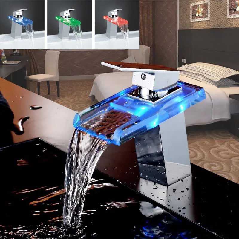  LED Color Changes Glass Waterfall Basin Faucet Bathroom Bath Tub Single Handle Sink Mixer Tap Kitch - 33046220603